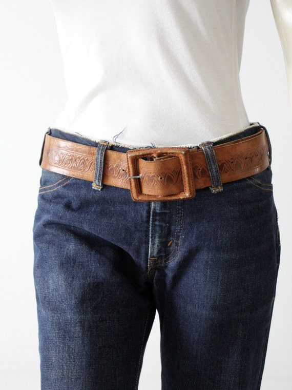 vintage leather belt, tooled brown belt with leath