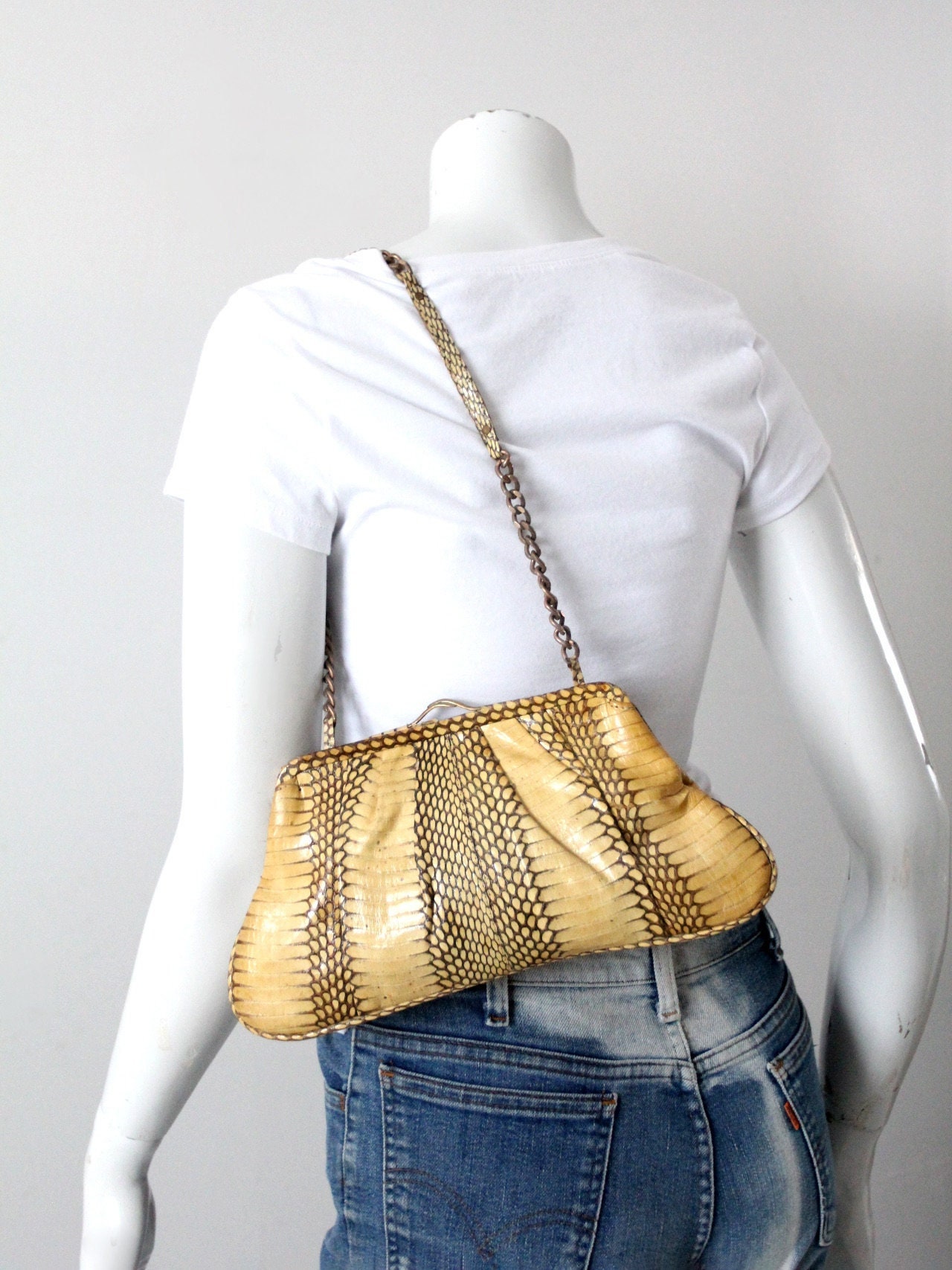  Korean made python leather snakeskin women tote bag (Yellow) :  Handmade Products