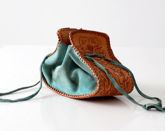 vintage tooled leather and suede drawstring pouch handbag
