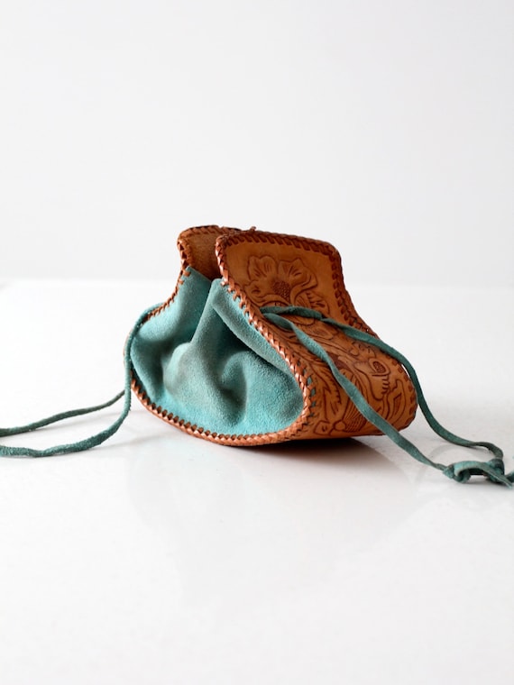 vintage tooled leather and suede drawstring pouch 