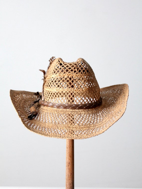 vintage open weave straw cowboy hat - image 4