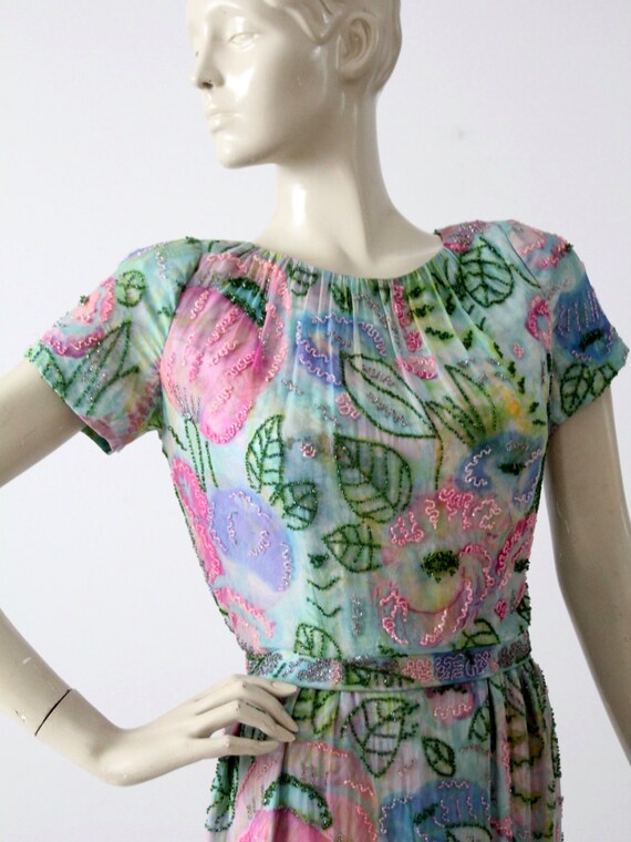 1960s beaded watercolor dress, vintage chiffon se… - image 3