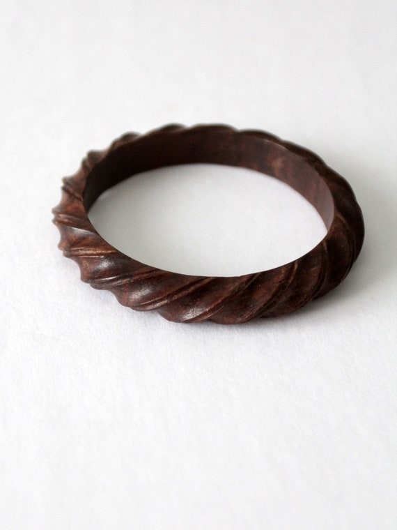 vintage carved wood bangle bracelet - image 2