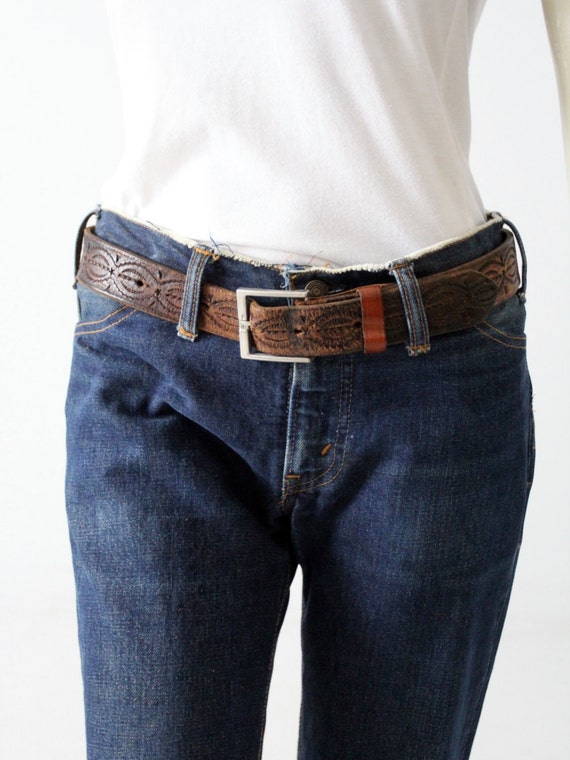 tooled leather belt, vintage dark brown belt circa