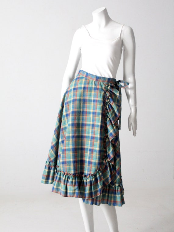 vintage 70s plaid ruffle wrap skirt - image 3