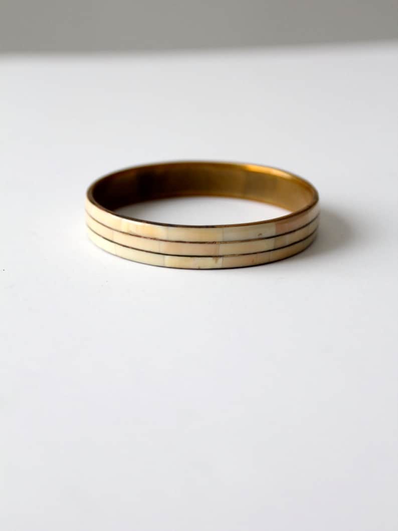 1970s bangle bracelet brass with bone inlay bangle