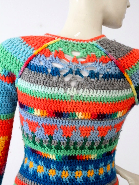 vintage 1970s crotchet hippie cardigan, rainbow b… - image 4