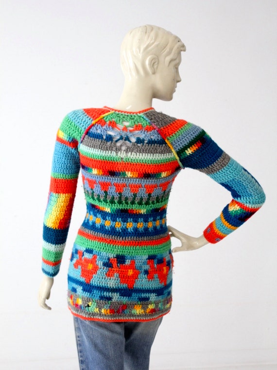 vintage 1970s crotchet hippie cardigan, rainbow b… - image 3