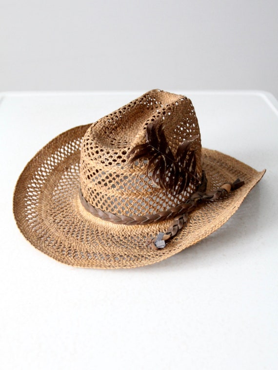 vintage open weave straw cowboy hat - image 6