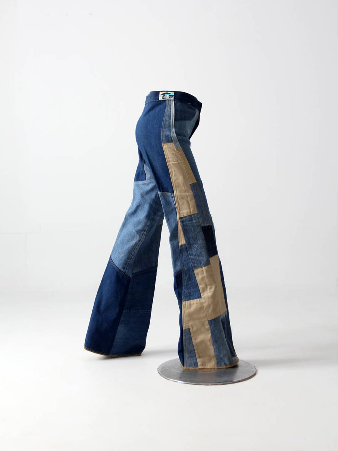1970s Antonio Guiseppe Jeans, Denim Patchwork Bell Bottoms, 28 X