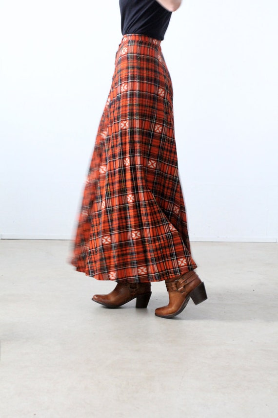 1970s plaid maxi skirt, orange jacquard pleated sk