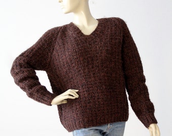 vintage brown chunky knit sweater, v-neck pullover jumper