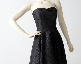 1980s cocktail dress, vintage black lace party dress