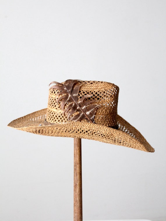 vintage open weave straw cowboy hat Gem