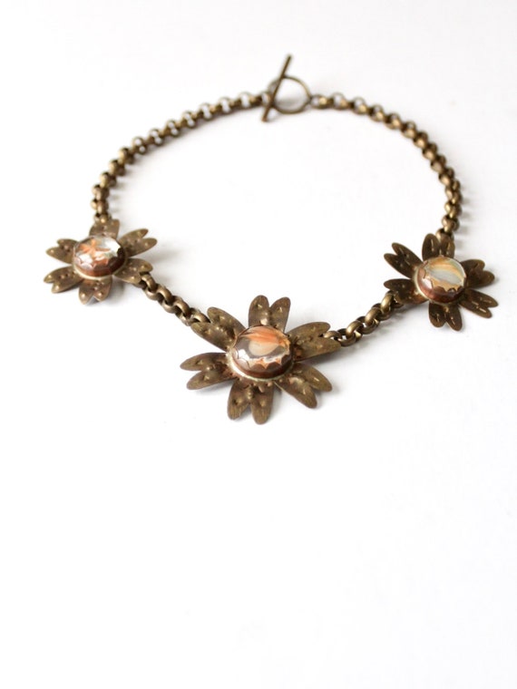vintage brutalist brass floral necklace - image 4