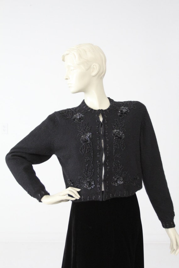 vintage beaded cardigan sweater, black angora card