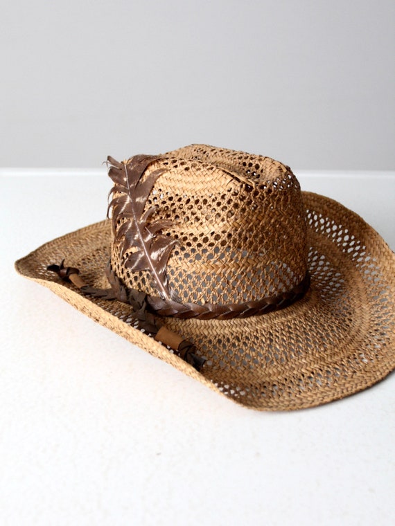 vintage open weave straw cowboy hat - image 7