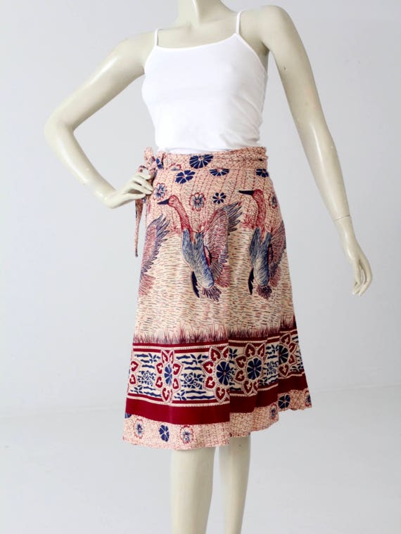 1970s India cotton wrap skirt, bird print - image 1