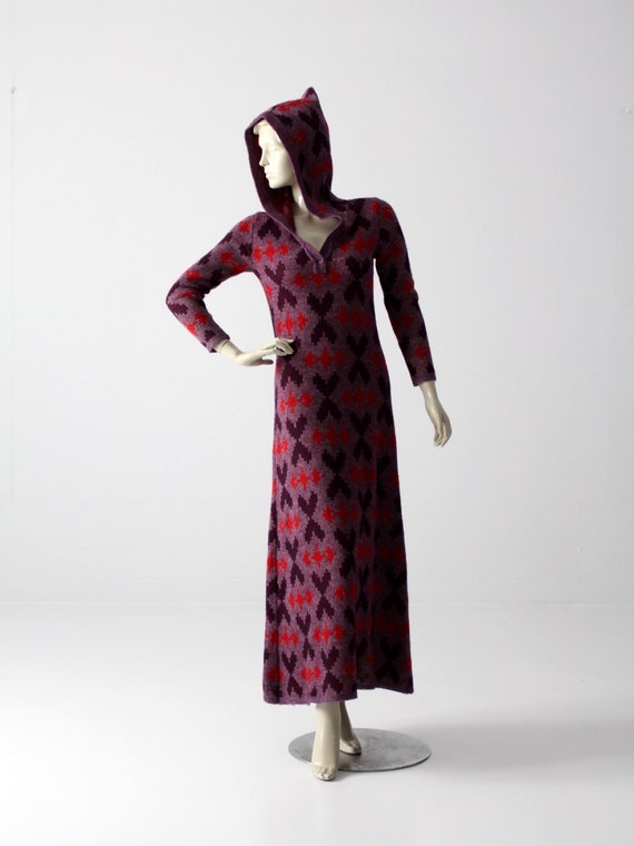 1970s knit maxi dress, surf cover up, purple hoode