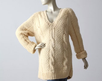 vintage v-neck oversize sweater, cable knit chunky sweater