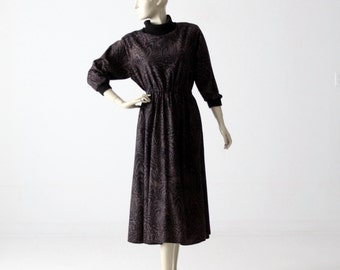 1970s animal print dress, felted full skirt dress with turtleneck