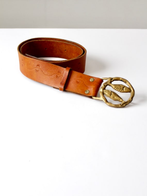 1970s Pisces zodiac buckle hippie belt, tooled lea