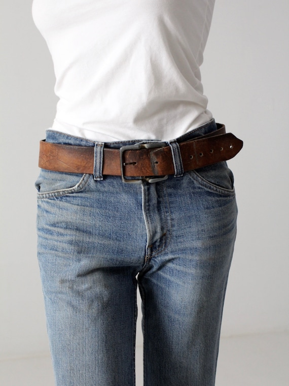 vintage hippie leather belt, tooled brown leather