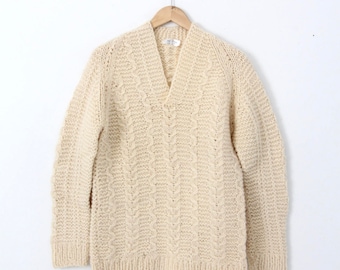 vintage Greek wool hand knit fisherman sweater, v-neck pullover