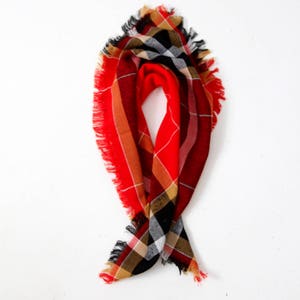 vintage plaid scarf, 1960s red black and tan woven fringe head scarf