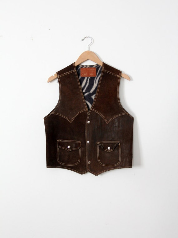 1970s leather biker vest, vintage brown suede rock