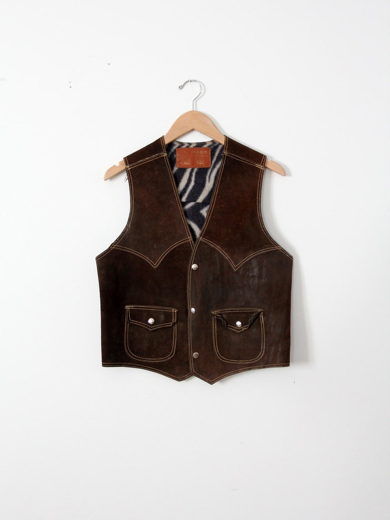 1970s leather biker vest, vintage brown suede rocker vest image 1