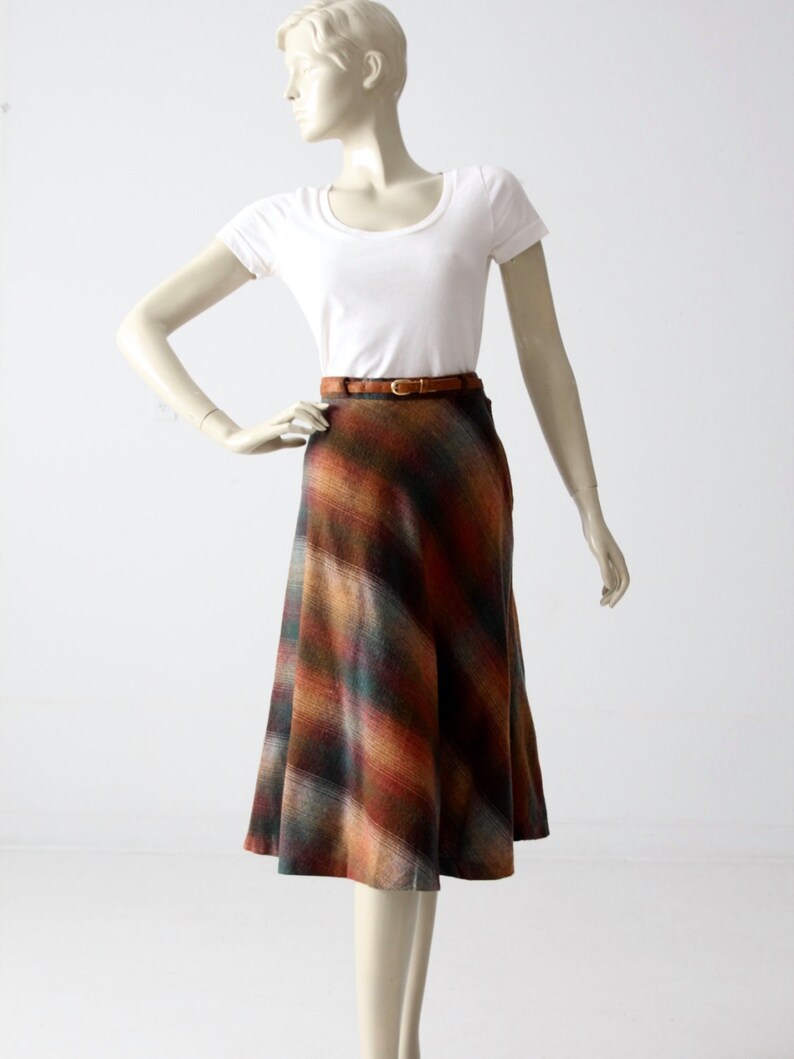 1970s plaid skirt vintage southwestern a-line wool skirt with skinny belt