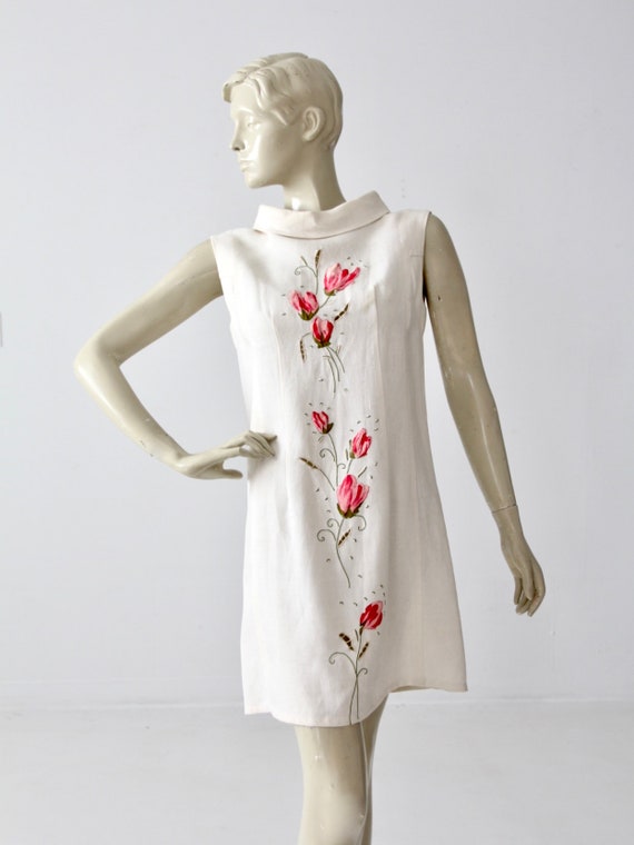 vintage linen shift dress, mod white with pink fl… - image 2