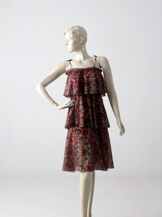 1970s tiered watercolor dress, vintage sheer flor… - image 1