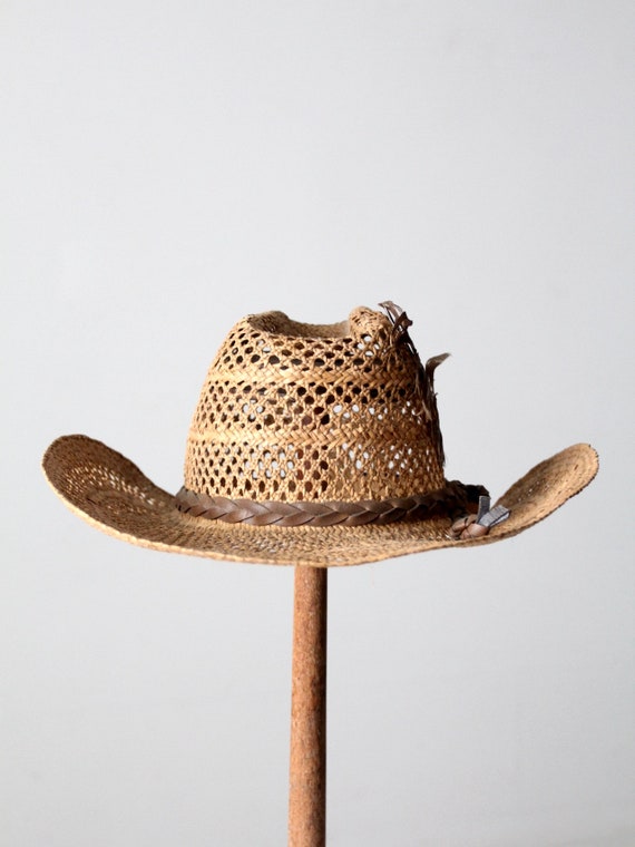 vintage open weave straw cowboy hat - image 2