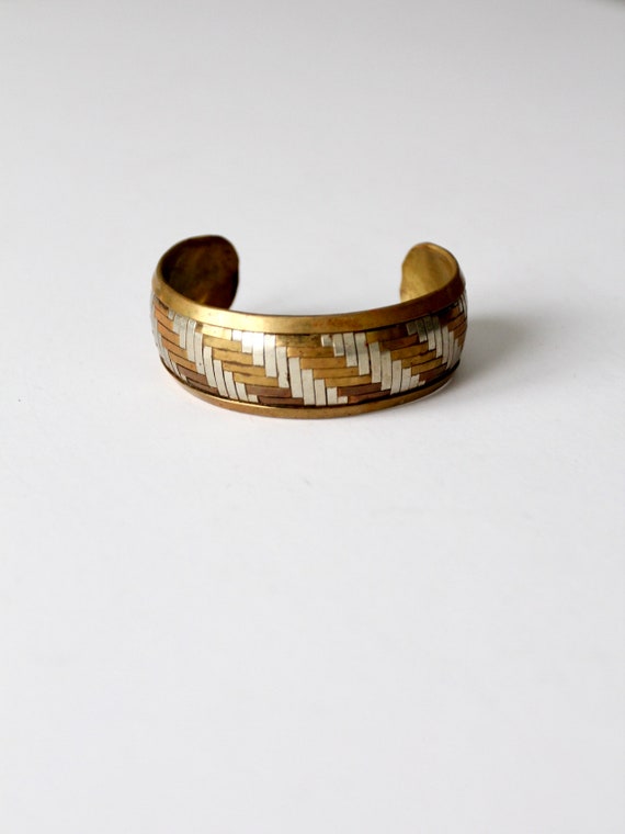 vintage cuff bracelet, two tone geometric bangle