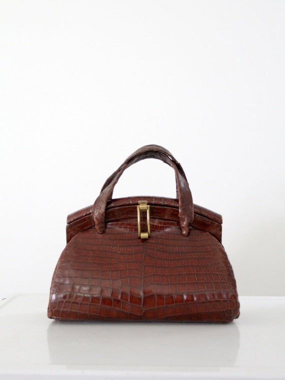 vintage 50s reptile leather bag, frame top handle… - image 1