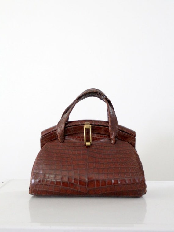 vintage 50s reptile leather bag, frame top handle