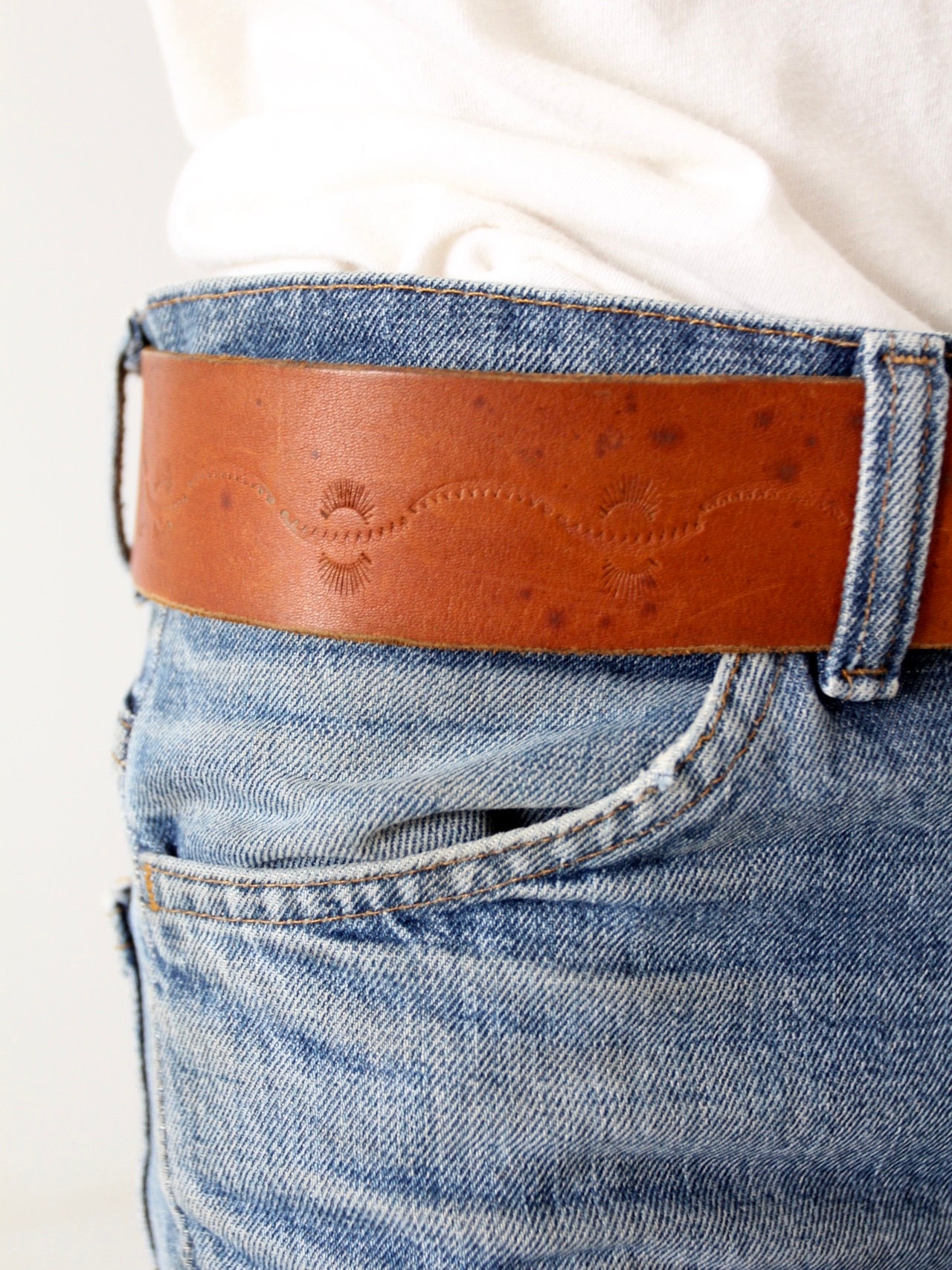 1970s Pisces Zodiac Buckle Hippie Belt, Tooled Leather Belt  display picture 2