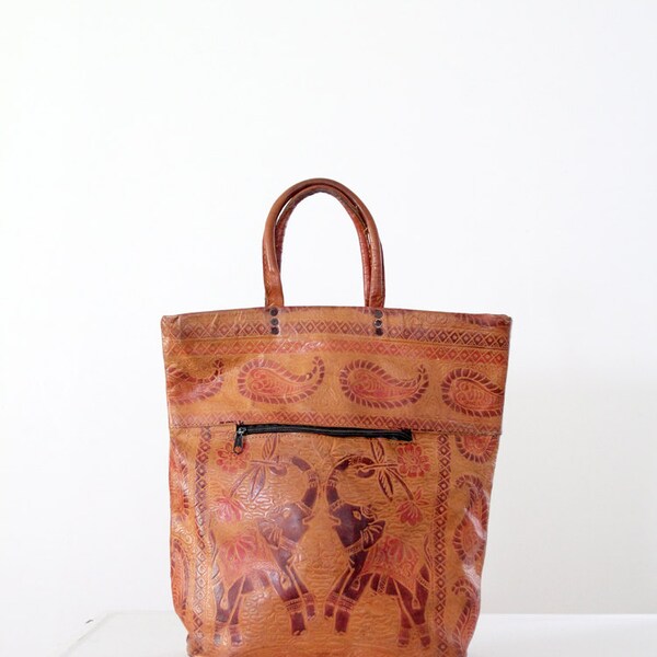 vintage boho tote bag / elephant tooled leather purse