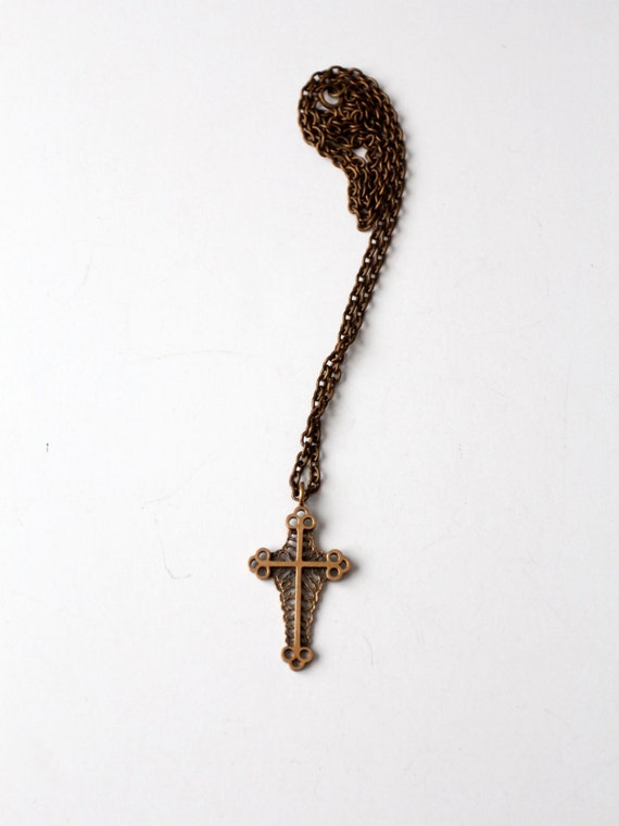 vintage cross pendant necklace, brass tone neckla… - image 5