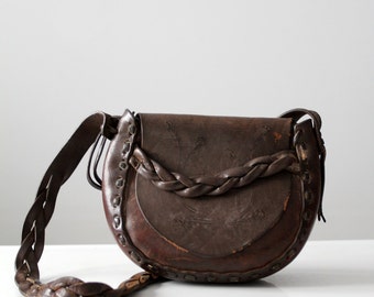 1970s leather purse,  tooled leather hippie bag