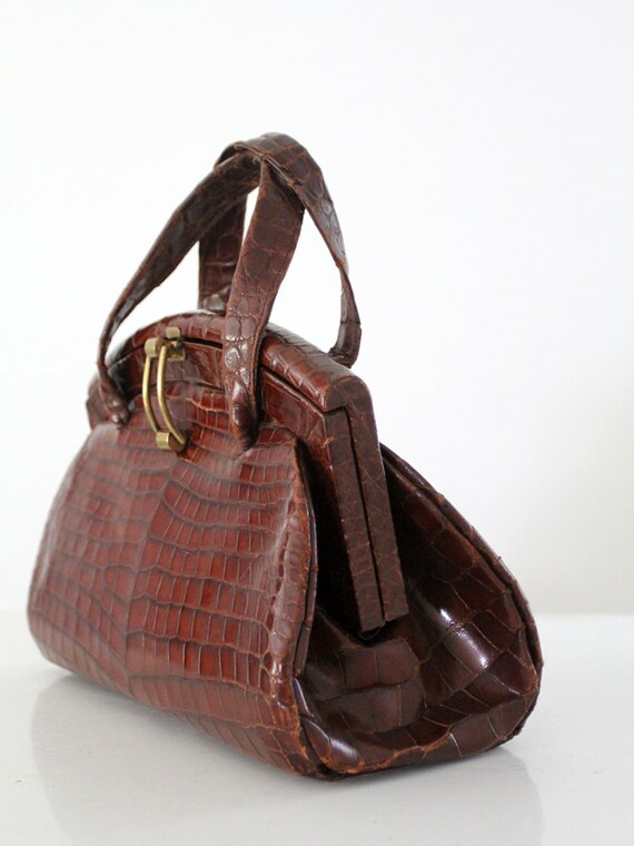vintage 50s reptile leather bag, frame top handle… - image 5