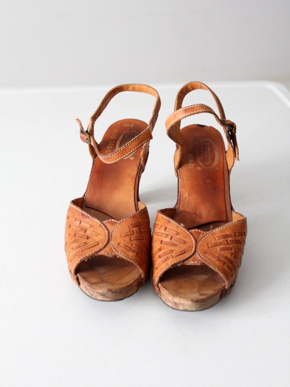 vintage 70s wood leather sandals - image 2