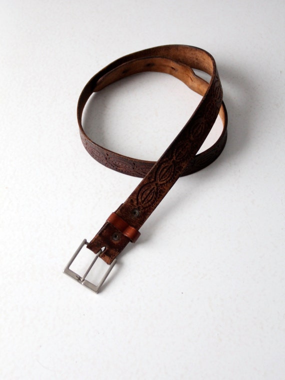 vintage 70s tooled brown leather belt - image 1