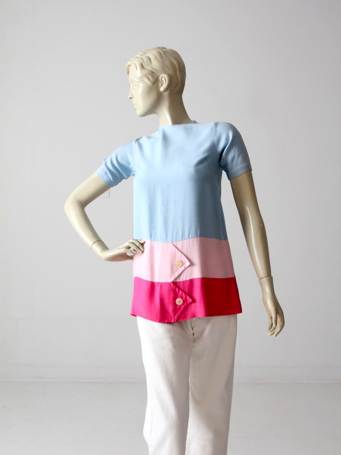 mod mini dress, vintage 1960s color block blouse