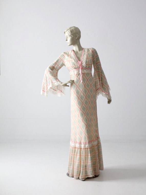 vintage 70s maxi dress, calico long prairie dress