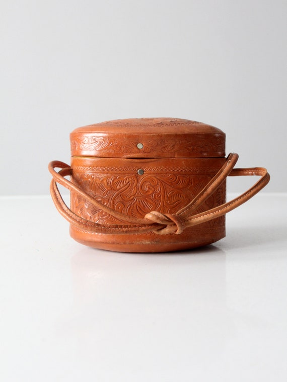 vintage 50s tooled leather pillbox handbag - image 4