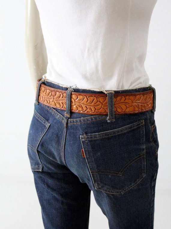 vintage tooled leather belt, brown leather belt sm