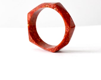 vintage chunky bangle, red resin geometric bracelet